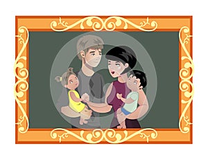 Family photo in wooden frame.