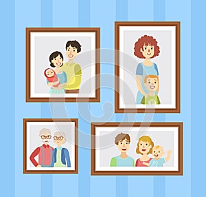 Family Photos Set, Pictures in Wooden Frames Hanging on the Wall Vector Illustration