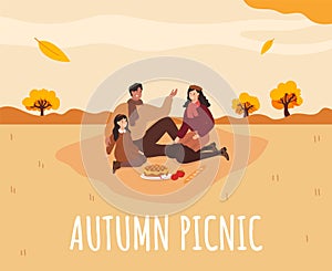 Family picnic in Autumn. Apple pie. Cozy autumn picnic. Vector