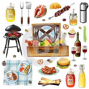 Family Picnic Barbecue Realistic Icons Set