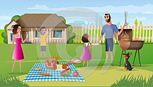 Family picnic on country house yard cartoon vector