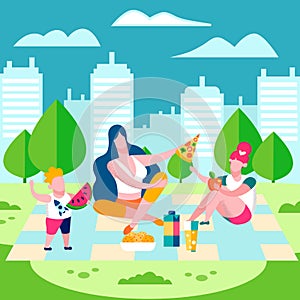 Family Picnic Countryside Flat Vector Illustration