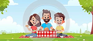 Family picnic enjoying delicious food and comfort on green lawn under tall trees