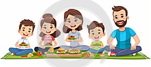 Family picnic enjoying delicious food and comfort in nature, sitting on green lawn under tall trees