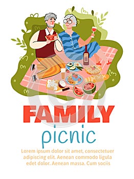 Family picnic flyer or banner with senior couple vector illustration isolated.