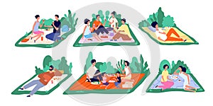 Family picnic. Fun nature picnics, flat families eat outside together. Cartoon people relax, couple weekend park