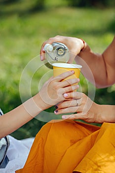 Family picnic on grass in the gardens under gentle shade of trees