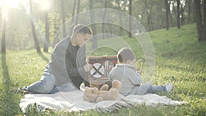 Family picnic of handsome young father and cute little son on sunny summer meadow. Portrait of happy smiling Caucasian