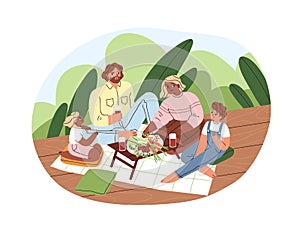 Family picnic with healthy food. Mother, father and children eating vegetables outdoors. Parents and kids together on