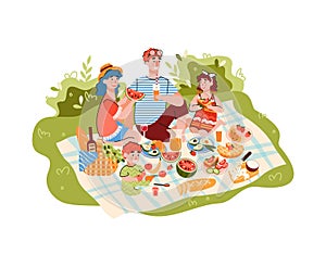 Family picnic on nature scene cartoon vector illustration isolated on white.