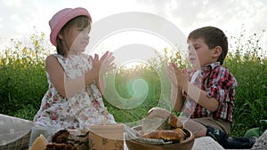 Family Picnic nature at sunset, Cute little child funny eat, Kid Play in Green Park Picnic In Sun Light Haze, Children