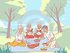 Family on picnic. Outdoor activities, parents with children, twin boys eating watermelon, eating in nature, lunch in