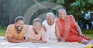 Family picnic, park portrait and happy parents with children in summer, happiness in nature garden together and smile