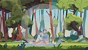 Family on picnic. Romantic cute couple embracing on blanket. Forest meadow landscape. People relaxing in nature. Man and