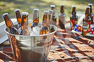 family picnic scene with beer bottles chilling in an ice bucket