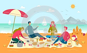 Family Picnic on Sea Shore Vector Illustration