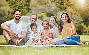 Family, picnic and smile of a mother, dad and kids with grandparents in a nature park. Portrait of children, mom and dad