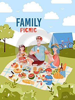 Family picnic on summer day - cartoon poster with happy parents and children