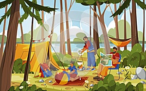 Family picnic, vacation at forest or wood. Vector