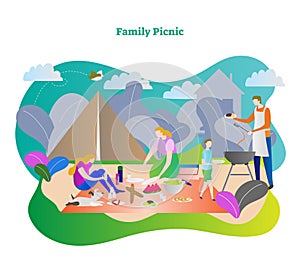 Family picnic vector illustration. Happy family together with mother, father, son, daughter and dog in camping trip weekend.