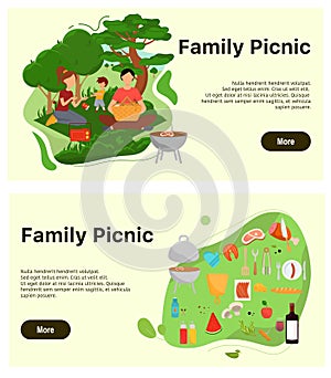 Family picnic vector web banner template set