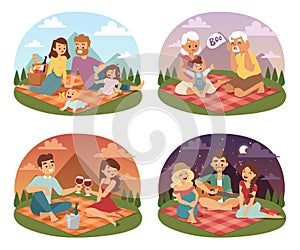 Rodina piknik leto šťastný životný štýl vonku spoločne teší lúka dovolenka znak vektor 