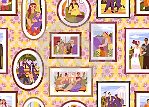 Family pictures. Photo frame on wall pattern. Sketch portraits hanging on wallpaper. Happy moments. Patchwork from