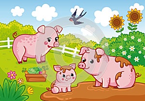 Family of pigs with a baby sitting in the mud in a summer meadow. Vector illustration with cute animals