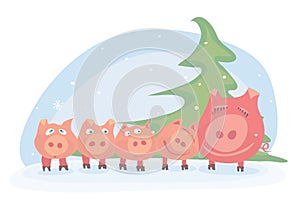 The family of pink pigs celebrates the New Year with their parents under the Christmas tree / Happy winter holiday