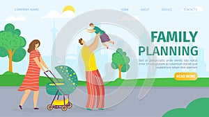 Family planning and development landing web page, vector illustration. Mother, father, baby in pram and kids. Man and