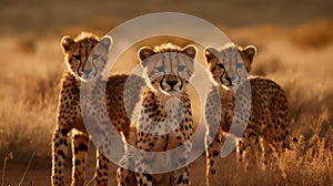 A family of playful cheetah cubs their spots still developing chase each other in a playful game of created with Generative AI