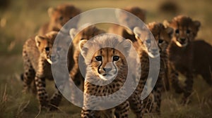 A family of playful cheetah cubs their spots still developing chase each other in a playful game of created with Generative AI