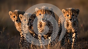 A family of playful cheetah cubs their spots still developing chase each other in a playful game of created with Generative AI