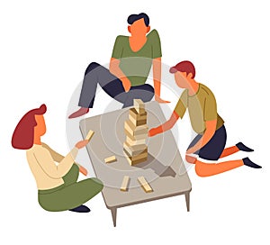 Family playing board game jenga isolated characters