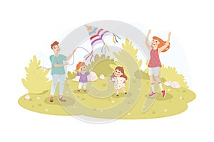 Family Playing Kite with Children on Green Meadow in Park Vector Illustration