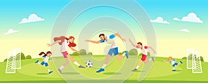 Family Playing Soccer In Park Together. Concept Parenthood child-rearing. Vector illustration.