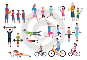 Family playing sports. People fitness exercising and jogging. Sport active lifestyles cartoon characters vector photo