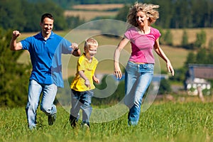 Family playing tag on meadow in summer