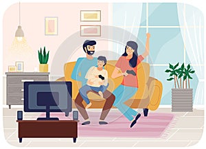 Family playing video games. Mom dad and son gaming with gamepad controller holding joystick in hands