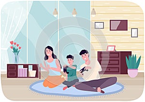 Family playing video games. Mom dad and son gaming with gamepad controller holding joystick in hands