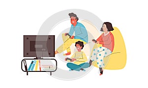 Family playing video games on TV console, flat vector illustration isolated.