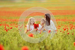 Family in poppy field
