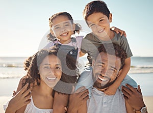 Family portrait at beach holiday, summer vacation and relaxing seaside together. Excited, smile and happy mom, dad and