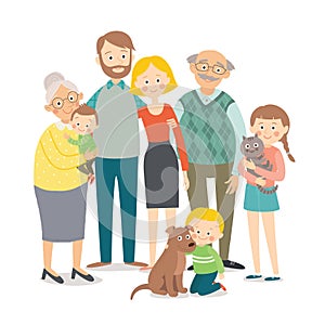 Family portrait. Big happy multi-generational family together. Cartoon vector hand drawn eps 10 illustration isolated on