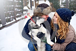 Family portrait of cute happy couple hugging with their alaskan malamute dog licking man`s face. Funny puppy wearing