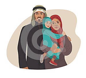 Family portrait. Middle Eastern Muslim People. Arab mother, father and little daughter. National Clothes. Vector Flat Illustration