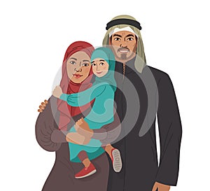 Family portrait. Middle Eastern Muslim People. Arab mother, father and little daughter. National Clothes. Vector Flat Illustration