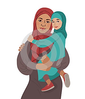 Family portrait. Middle Eastern Muslim People. Arab mother and little daughter. National Clothes. Vector Flat Illustration Simple