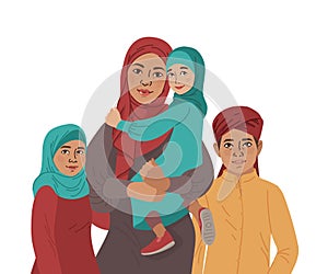 Family portrait. Middle Eastern Muslim People. Arab mother, son and little daughter. National Clothes. Vector Flat Illustration