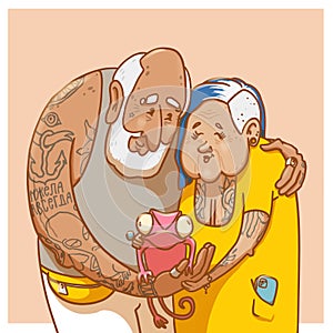 Family portrait of an old hipster couple with chameleon pet. Colorful cartoon stylish grandparents with tattoos